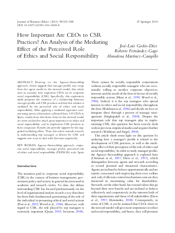 (PDF) How Important Are CEOs to CSR Practices? An Analysis of the ...