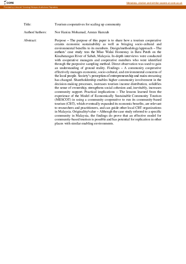 (PDF) Tourism cooperatives for scaling up community based tourism