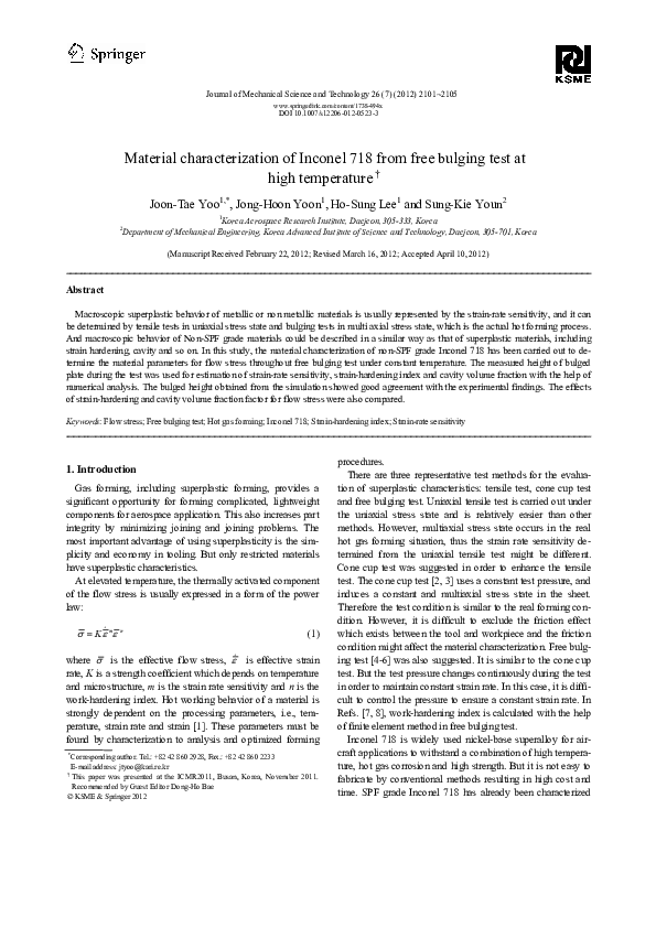 (PDF) Material characterization of Inconel 718 from free bulging test ...