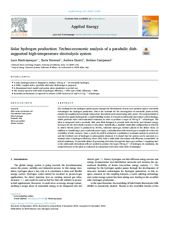 (PDF) Solar hydrogen production: Techno-economic analysis of a ...