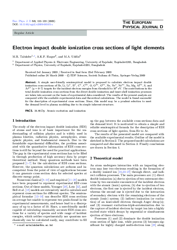 (PDF) Electron impact double ionization cross sections of light elements