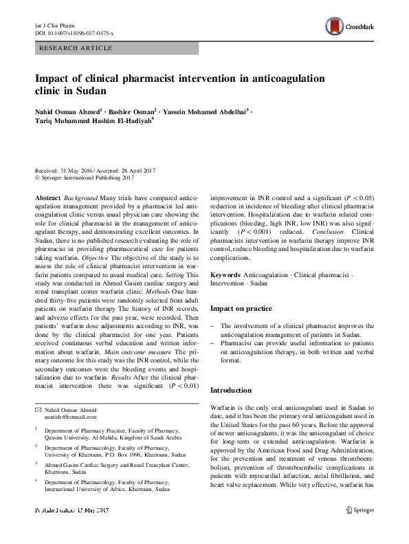 (PDF) Impact of clinical pharmacist intervention in anticoagulation ...