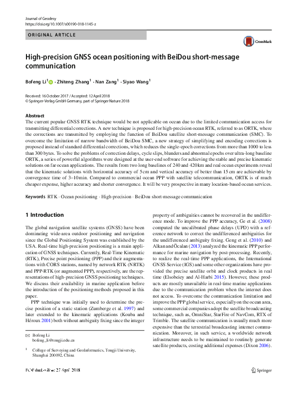 (PDF) High-precision GNSS ocean positioning with BeiDou short-message ...