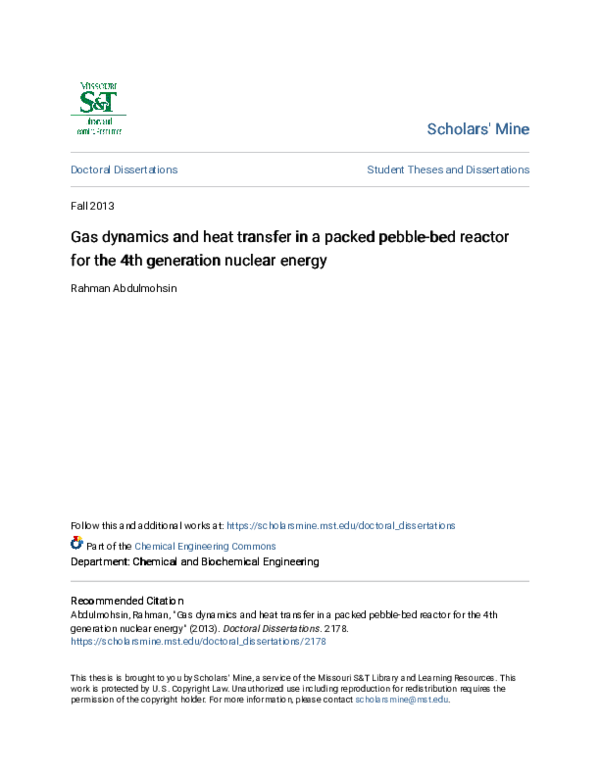 (PDF) Gas dynamics and heat transfer in a packed pebble-bed reactor for ...