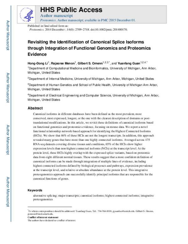 (PDF) Revisiting the identification of canonical splice isoforms ...