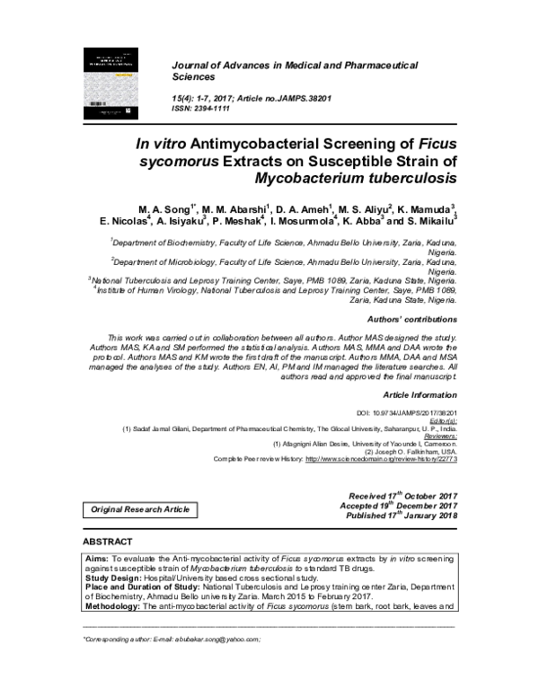 (PDF) In vitro Antimycobacterial Screening of Ficus sycomorus Extracts ...