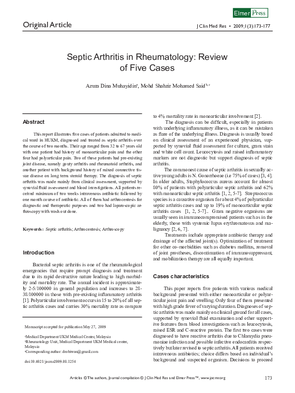 (PDF) Septic Arthritis in Rheumatology: Review of Five Cases