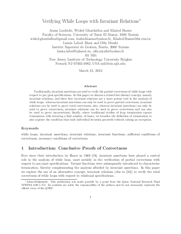 (PDF) Verifying while loops with invariant relations