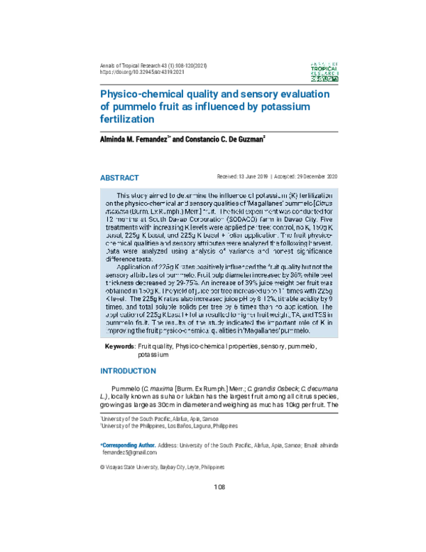 (PDF) Physico-chemical quality and sensory evaluation of pummelo fruit ...