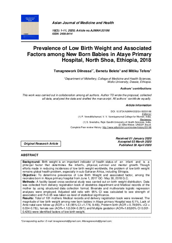 (PDF) Prevalence of Low Birth Weight and Associated Factors among New ...