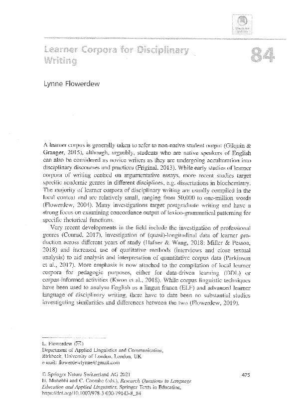 (PDF) Learner Corpora for Disciplinary Writing (Springer 2022)
