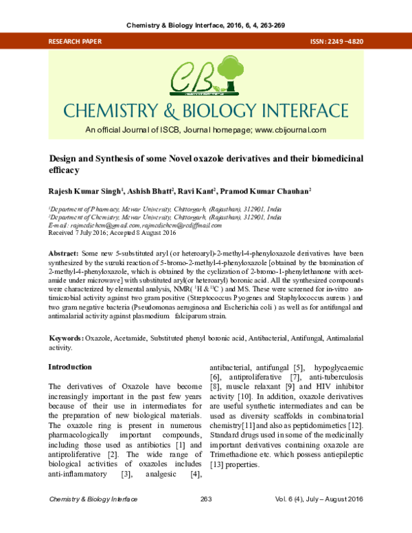 (PDF) Design and Synthesis of some Novel oxazole derivatives and their ...