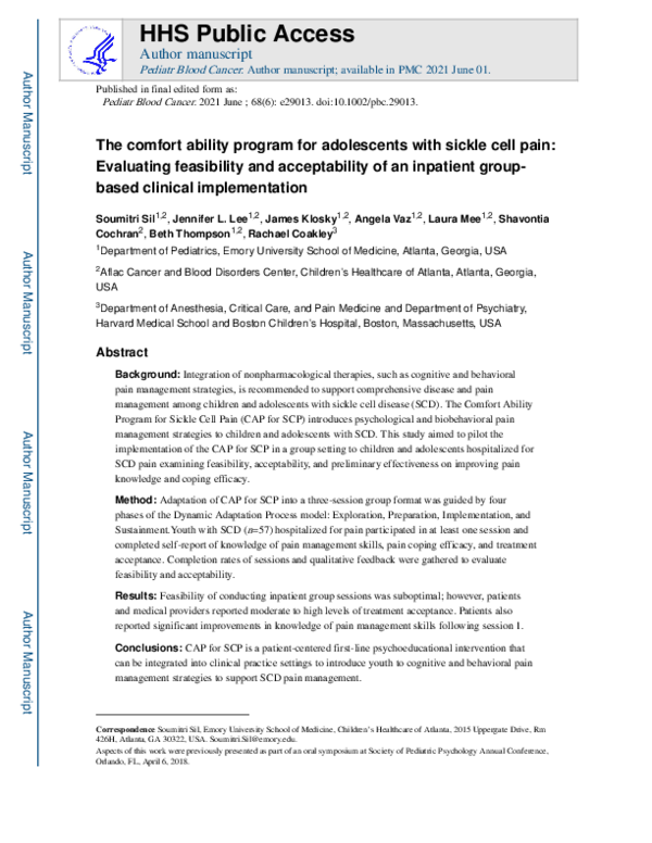 (PDF) The comfort ability program for adolescents with sickle cell pain ...