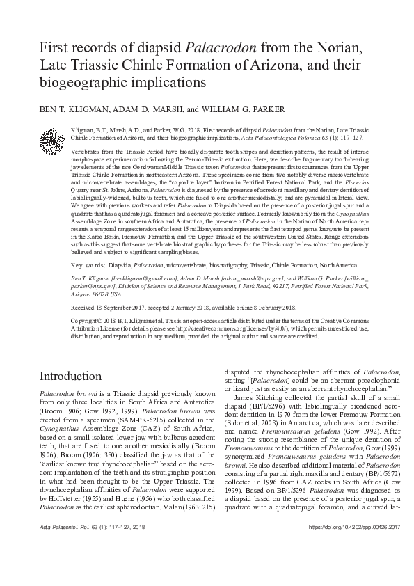 (PDF) First records of diapsid Palacrodon from the Norian, Late Triassic Chinle Formation of