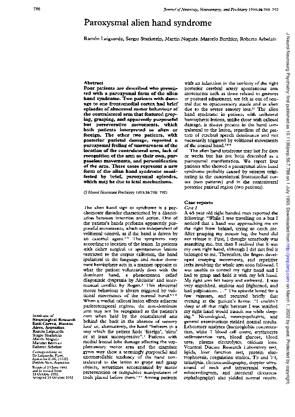 (PDF) Paroxysmal alien hand syndrome Roberto Arbelaiz Academia.edu