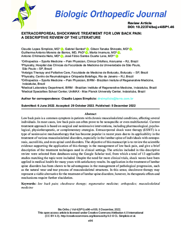 (PDF) Extracorporeal Shockwave Treatment for Low Back Pain Claudio