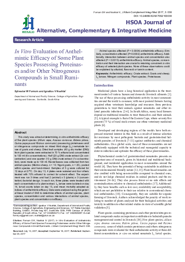 (PDF) In Vitro Evaluation of Anthelmintic Efficacy of Some Plant ...