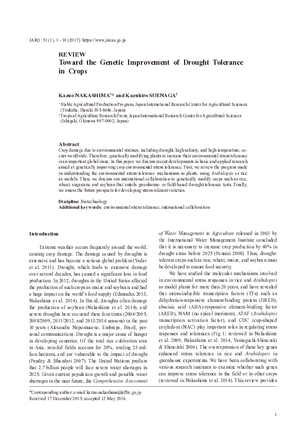 (PDF) Toward the Genetic Improvement of Drought Tolerance in Crops