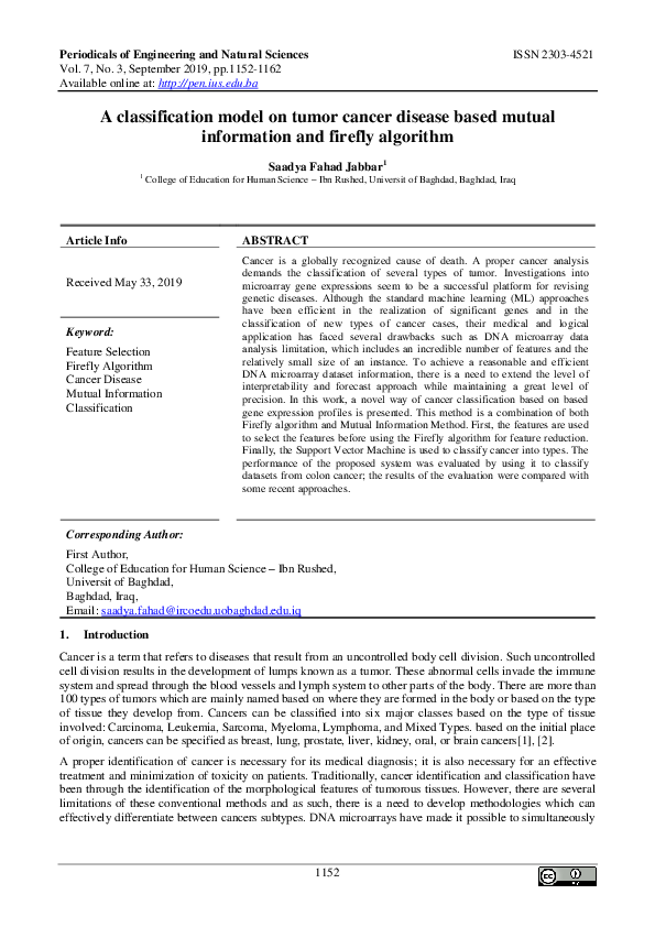(PDF) A classification model on tumor cancer disease based mutual ...