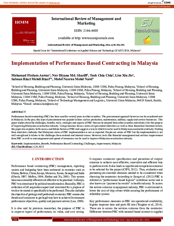 (PDF) Implementation of performance based contracting in Malaysia