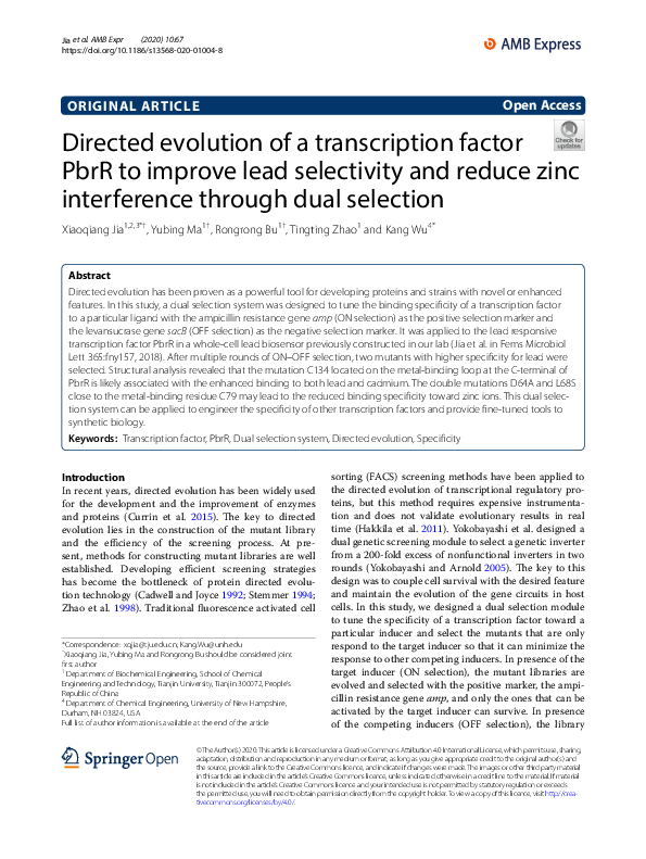 (PDF) Directed evolution of a transcription factor PbrR to improve lead ...