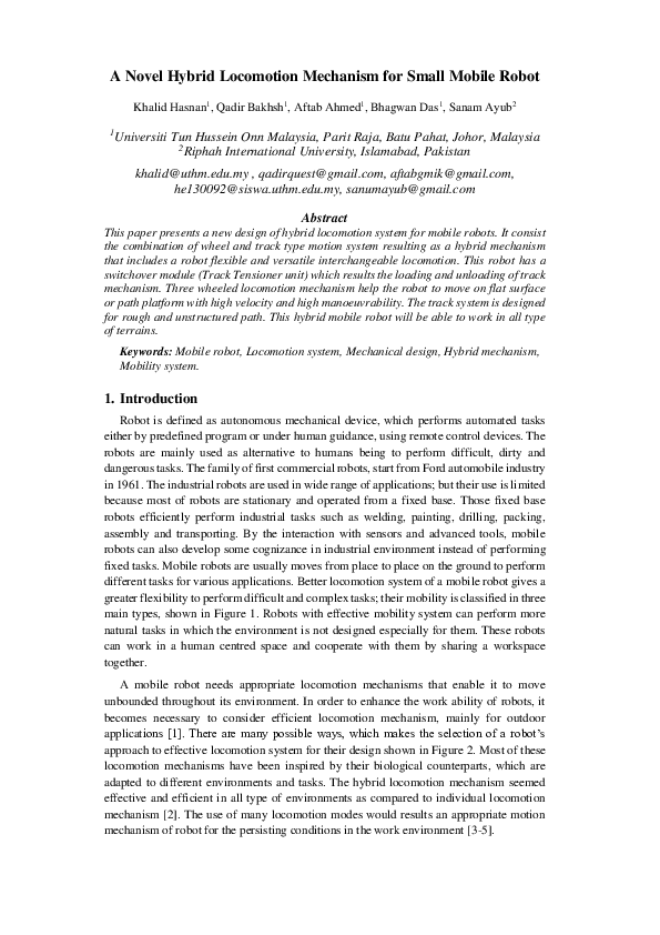 (PDF) A Novel Hybrid Locomotion Mechanism for Small Mobile Robot