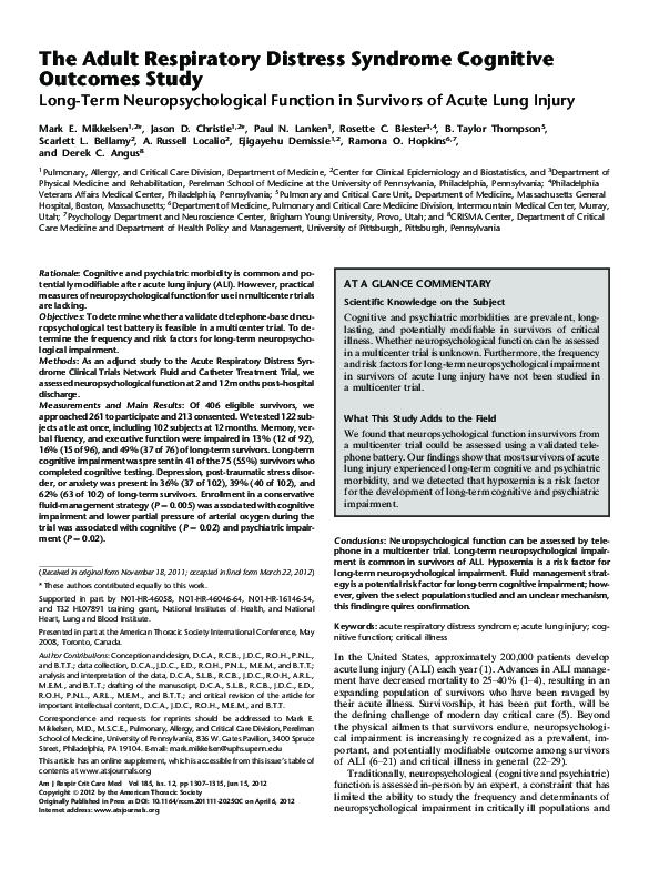 (PDF) The Adult Respiratory Distress Syndrome Cognitive Outcomes Study