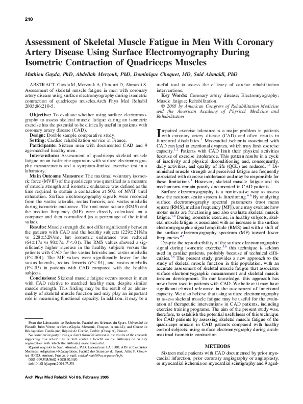 (PDF) Assessment of skeletal muscle fatigue in men with coronary artery ...