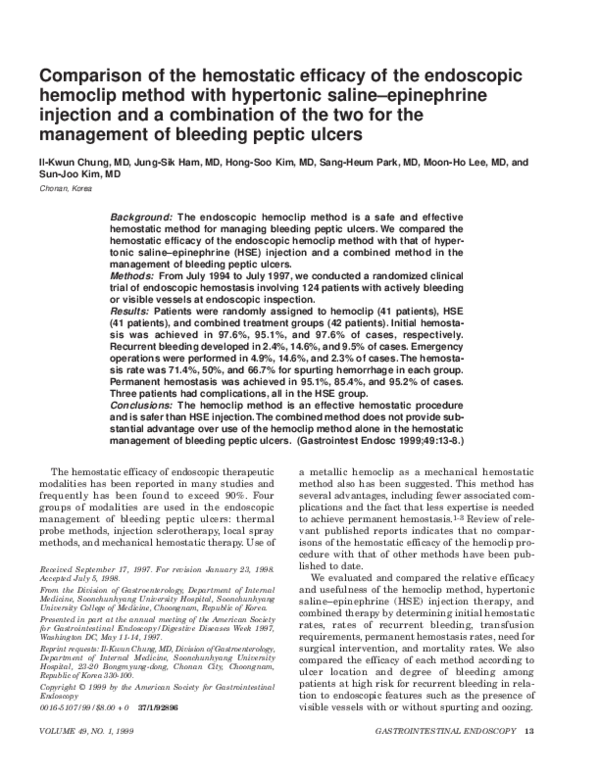 (PDF) Comparison of the hemostatic efficacy of the endoscopic hemoclip
