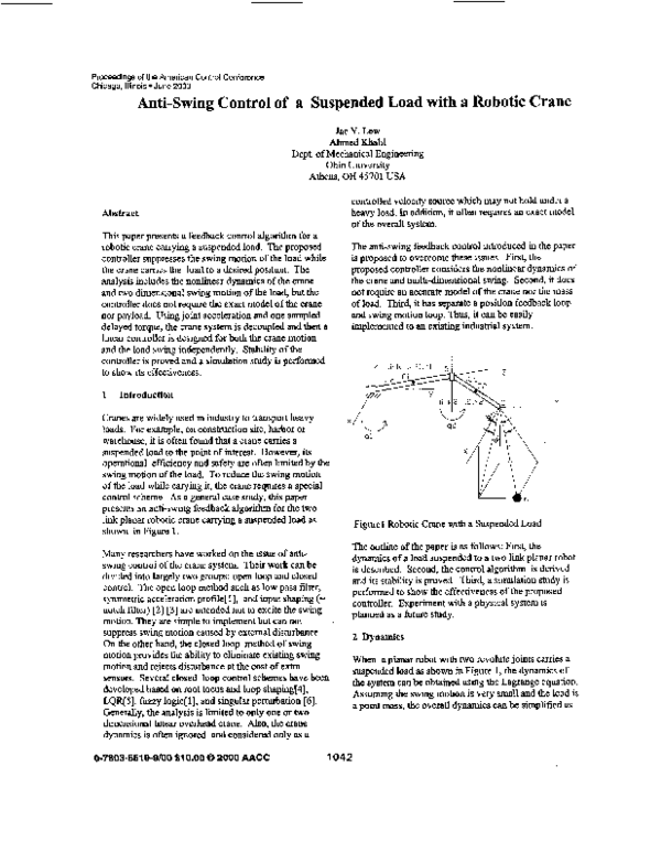 (PDF) Anti-swing control of a suspended load with a robotic crane