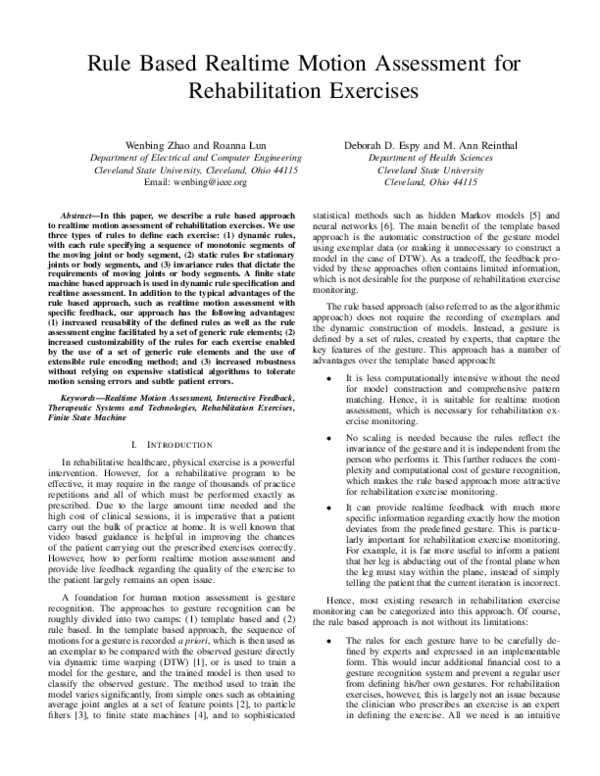 (PDF) Rule based realtime motion assessment for rehabilitation exercises