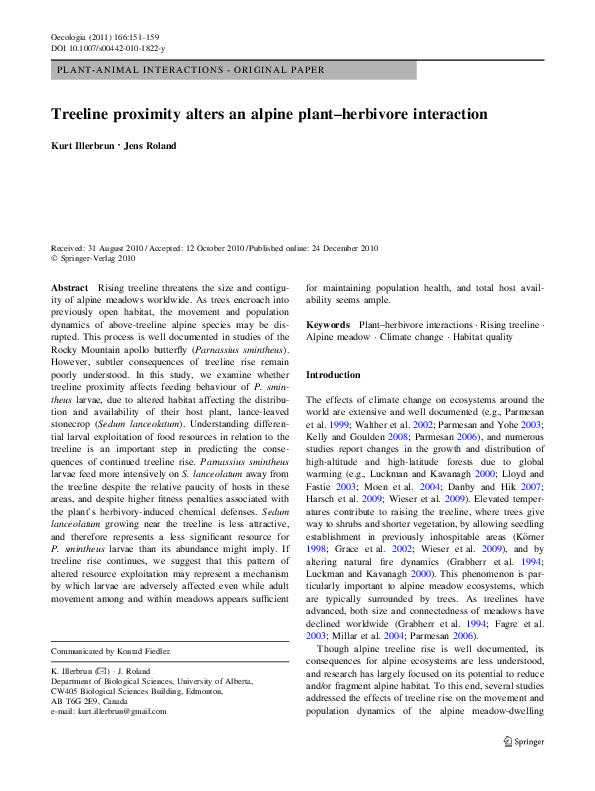 (PDF) Treeline proximity alters an alpine plant–herbivore interaction