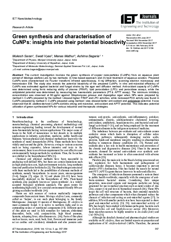 (PDF) Green synthesis and characterisation of CuNPs: insights into ...