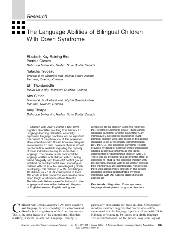 (PDF) The Language Abilities of Bilingual Children With Down Syndrome