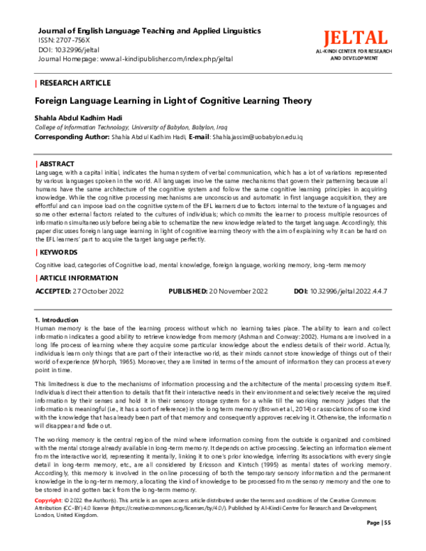 (PDF) Foreign Language Learning in Light of Cognitive Learning Theory