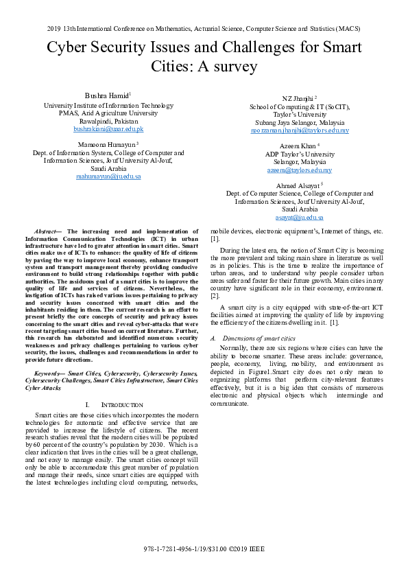 (PDF) Cyber Security Issues and Challenges for Smart Cities: A survey
