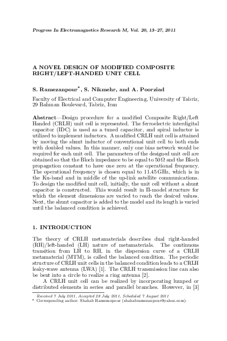 (PDF) A Novel Design of Modified Composite Right/Left-Handed Unit Cell
