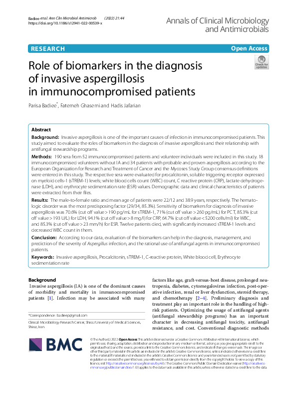 (PDF) Role of biomarkers in the diagnosis of invasive aspergillosis in ...