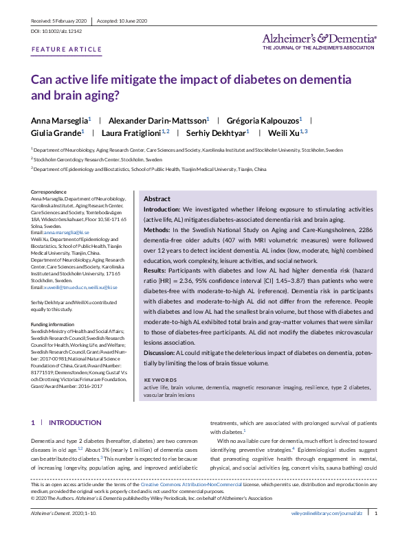 (PDF) Can active life mitigate the impact of diabetes on dementia and ...
