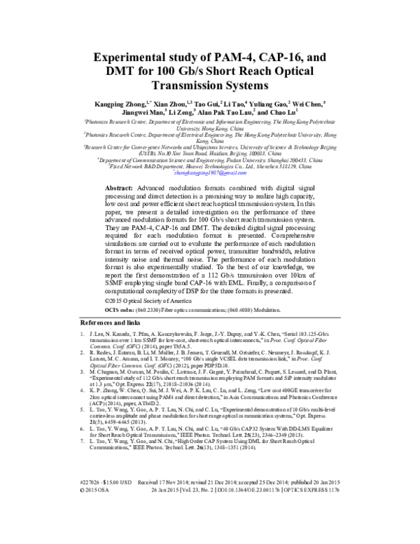(PDF) Experimental study of PAM-4, CAP-16, and DMT for 100 Gb/s Short ...