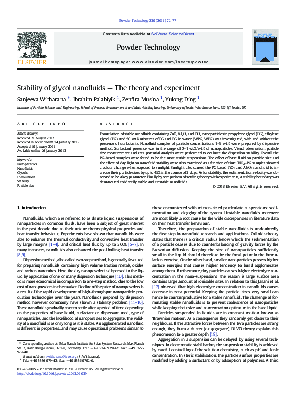 (PDF) Stability of glycol nanofluids — The theory and experiment