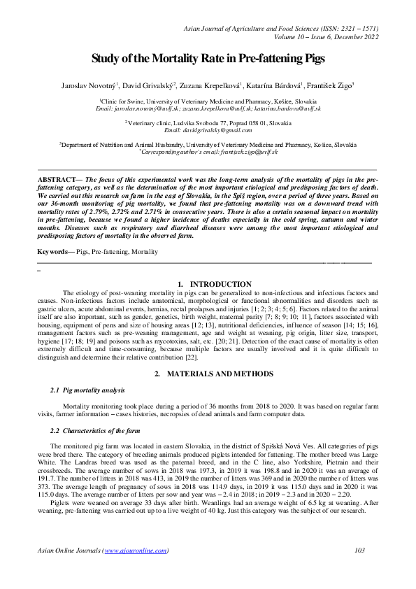 (PDF) Study of the mortality rate in pre-fattening pigs