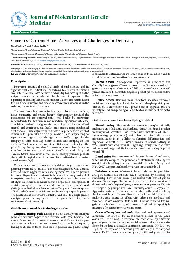 (PDF) Genetics: Current State, Advances and Challenges in Dentistry
