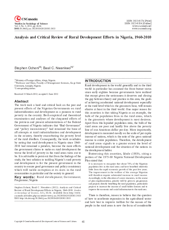 (PDF) Analysis and Critical Review of Rural Development Efforts in ...