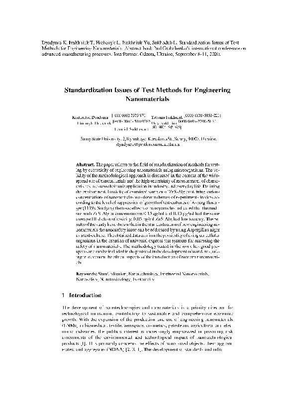 (PDF) Standardization Issues of Test Methods for Engineering Nanomaterials