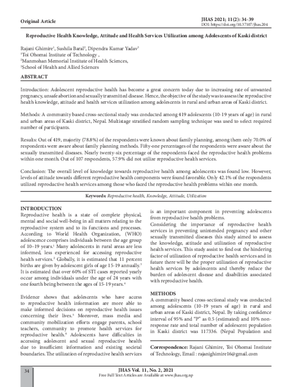 (PDF) Reproductive health knowledge, attitude and health services ...