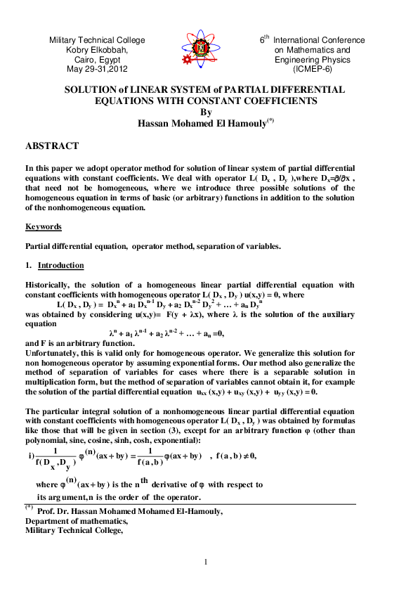(PDF) SOLUTION of LINEAR SYSTEM of PARTIAL DIFFERENTIAL EQUATIONS WITH ...