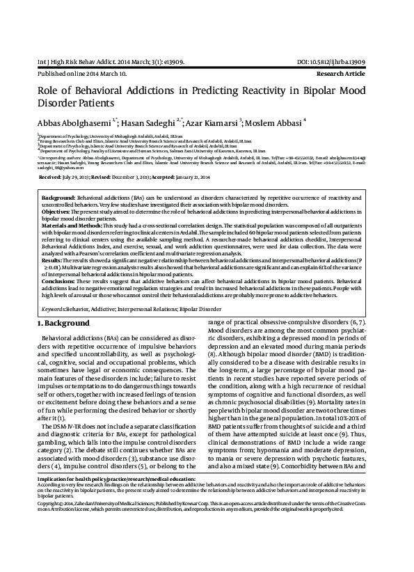 Role of Behavioral Addictions in Predicting Reactivity in Bipolar Mood Disorder Patients