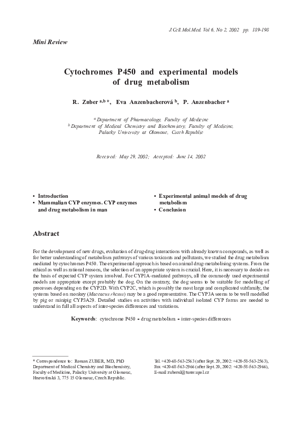 (PDF) Cytochromes P450 and experimental models of drug metabolism
