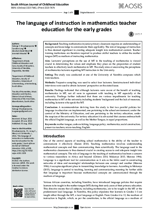 (PDF) The language of instruction in mathematics teacher education for ...